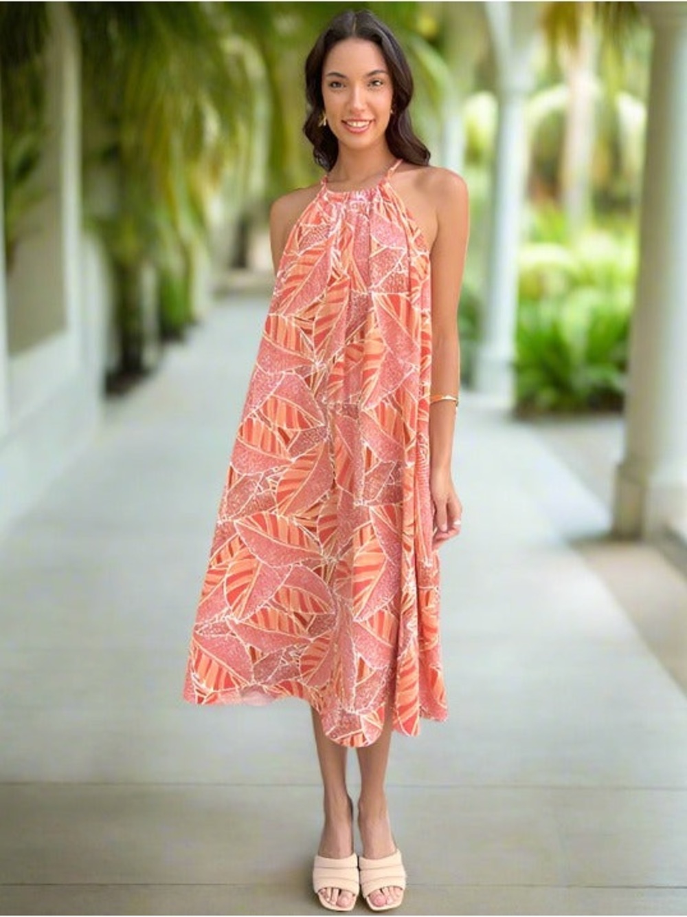 Shebird The Sofia Gauze Halter Bra Dress Palm Print